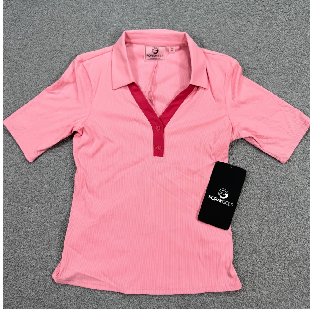 NEW Foray Golf Polo Shirt Women's XS Pink Ribbed Short Sleeve V-Neck Made in USA